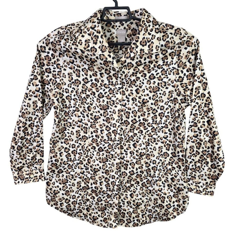 Womens Chicos Leopard Print Button Up Shirt No Iron Cotton Long Sleeve Size 1